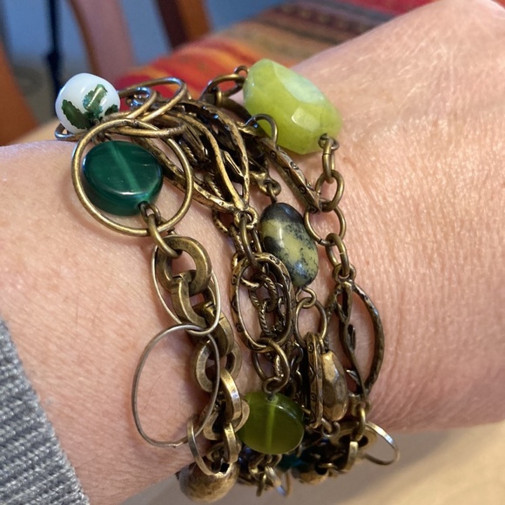 Chicos tooled multi link ornate green and brass bracelet